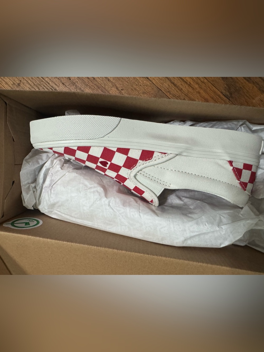 Vans Slip-On Checkerboard Sneakers - Red & White Embroidered Hearts - Picture 2 of 2
